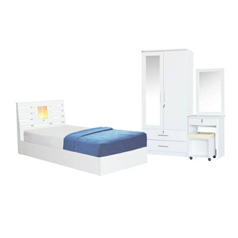 NDLชุดห้องนอน 3.5 ฟุต Cloudy เตียงระแนง 3.5 ฟุต + ตู้เสื้อผ้า 90 cm + โต๊ะแป้ง 60 cm พร้อมที่นอนสปริง ( สีขาว )
