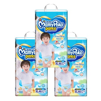 ขายยกลัง! Mamy Poko กางเกงผ้าอ้อม รุ่น Extra Dry Skin ไซส์ XL แพ็ค 3 รวม 138 ชิ้น (สำหรับเด็กชาย)
