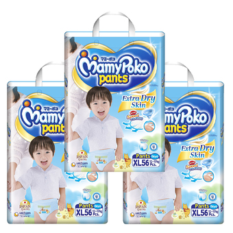 ขายยกลัง! Mamy Poko กางเกงผ้าอ้อม รุ่น Extra Dry Skin ไซส์ XL แพ็ค 3 รวม 168 ชิ้น (สำหรับเด็กชาย)