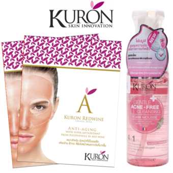 Kuron มูสโฟม คิวรอน Acne Free 150 มล. + แผ่นมาส์กหน้า สูตร Red Wine Crystal Mask (แพ็ค 2 ชิ้น)
