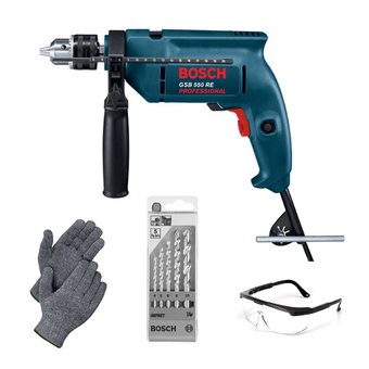 Bosch สว่านกระแทก 13 มม. รุ่น GSB 550 พร้อมชุดดอกสว่านเจาะปูน Impact 5 ชิ้น + ถุงมือฝ้ายอย่างหนา + แว่นตากันสะเก็ด (คละสี)