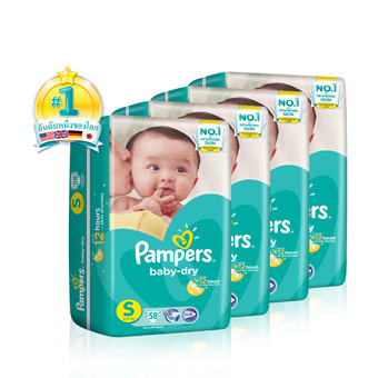 ขายยกลัง! Pampers แพมเพิร์ส ผ้าอ้อมเด็ก แบบเทป รุ่น Baby Dry ไซส์ S 4 แพ็ค 232 ชิ้น (แพ็คละ 58 ชิ้น)