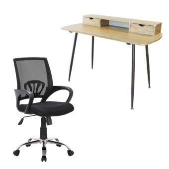 U-RO DECOR โต๊ะทำงานอเนกประสงค์/โต๊ะคอมพิวเตอร์ รุ่น RENO รีโน (สีโอ้คธรรมชาติ/น้ำตาลเข้ม) + เก้าอี้สำนักงาน MOON มูน (สีดำ)