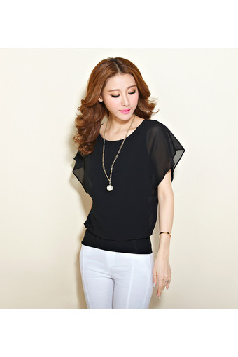 New Double-layer Fashion Was Thin Bat Sleeve Chiffon Blouse Plus Size XL XXXL XXXXXL Black
