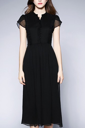 2015 Summer New Style Women's Temperament Slimmed High-Grade Chiffon Big Yards Round Collar Slimmed Short Sleeve Dresses ?Black)