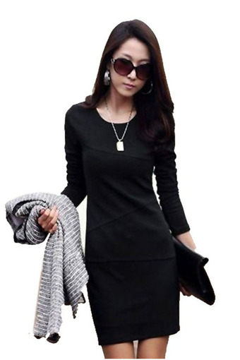 Long Sleeve Causal Slim Tunic Cocktail Dress (Black)