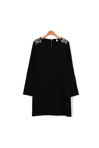 Moonar Women Pearls Shoulder Mini Dress (Black)
