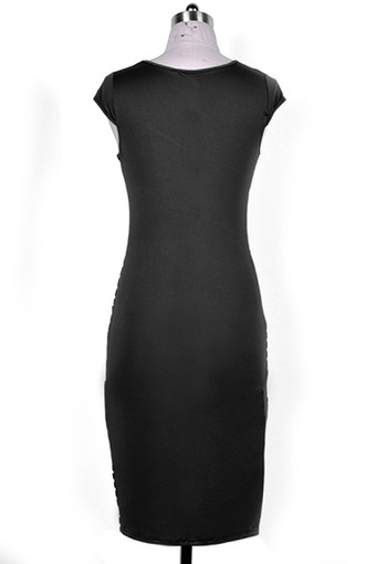 Jo.In Women V neck Short Sleeve Striped Tunic Party Midi Pencil Dress S-XXL (Black)