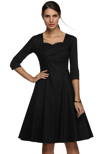 SuperCart ACEVOG Women Square Neck 3/4 Sleeve High Waist Dots Print Casual Party Dress ( Black ) (Intl)