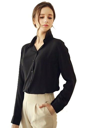 Chiffon Solid Down Collar Casual Loose Long Sleeve New Womens Shirt Top Blouse Tee (Black)