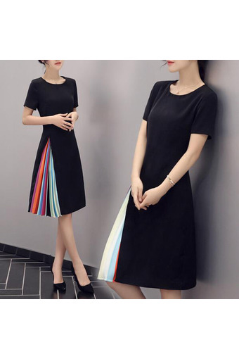 Woman European Black leg summer Korean Knee-Length slim retro short sleeved dress Ladies Pleated dress - INTL