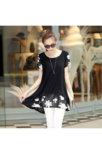 HengSong Short Sleeves Women&#039;s Clothing Embroidery Chiffon Korea Version Dress Shirt Black