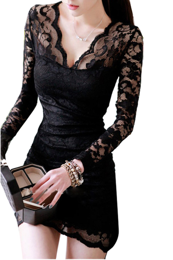 V-neck Long Sleeve Lace Mini Dress Black