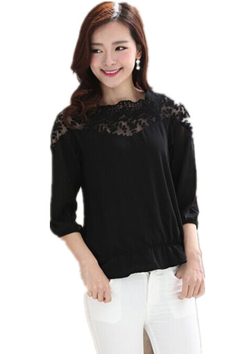 Hanyu Women Chiffon Blouse Tops 3/4 Sleeve Lace Loose Shirts Black