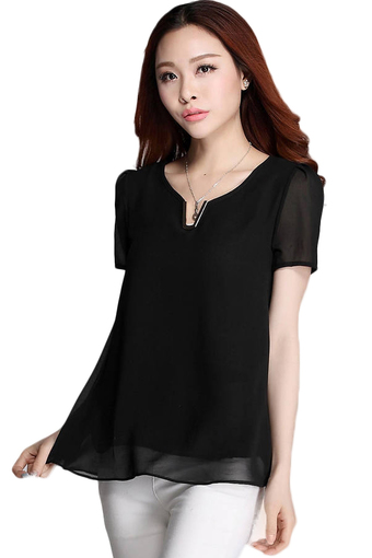 Korean cultivating wild temperament quality cool V-neck chiffon shirt Black