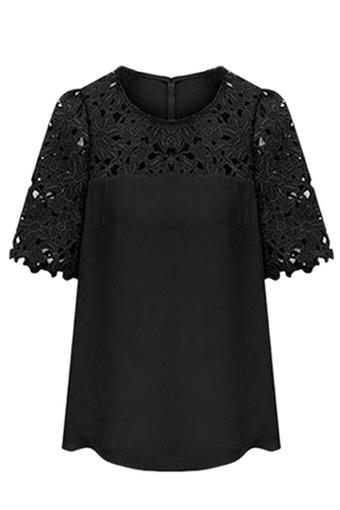 Eozy Plus Size Lace Short Sleeves Chiffon Shirts Women Summer Blouses FASHION Round Collar Tops Sizes S,M,L,XL,XXL(Black)