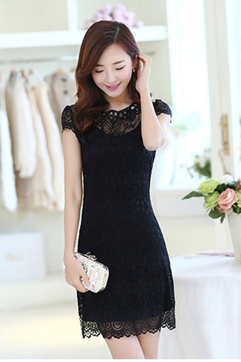 2015 Summer New Style Women&#039;s Korean Slimmed Round Neck Pure Color Lace Short Sleeve Dress (Black)