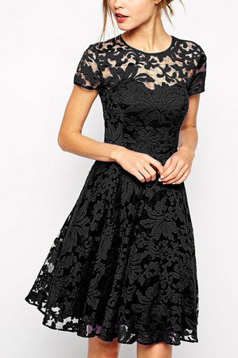 AZONE O-Neck Lace Splice Dress (Black) - Intl