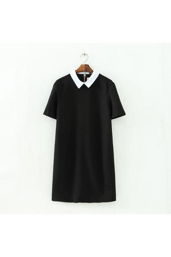 Autumn New Women Black White Brand Turn-down Short Sleeve Plus Size Straight Dress Solid Black Vestidos L1028 (Intl)