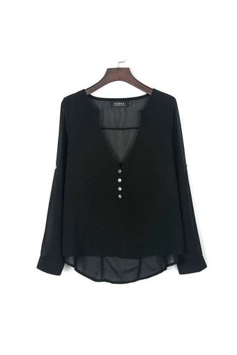 Hi-Lo Loose Casual Chiffon Shirt with Button Back Details (Black)
