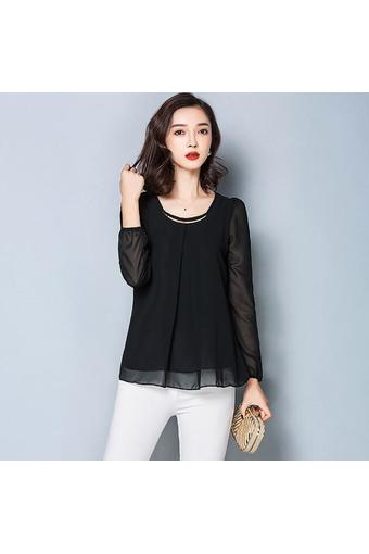 Summer Style Women Blouses Simple and Elegant Long Sleeved Chiffon Shirt Plus Size S-4XL Black (Intl)