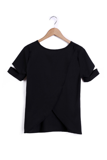 Sunweb Women Fashion Casual Round Neck Short Sleeve Irregular Hem Solid Basic T Shirt Tees (Black)
