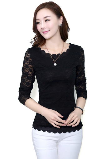 Sunweb Hot Korean Fashion Women's Floral Tops Long Sleeve Shirt Lace Blouse (Black)