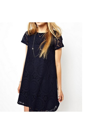 Summer Women Fashion Sweet A-Line Short Sleeves Hollow Out Lace Dress Blue