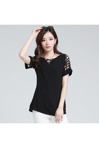 Casual Hollow Out Sleeve Summer Blouse-Black - Intl