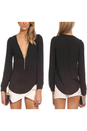 Yimi V Neck Long Sleeve Zipper Sexy Chiffon Women Blouses