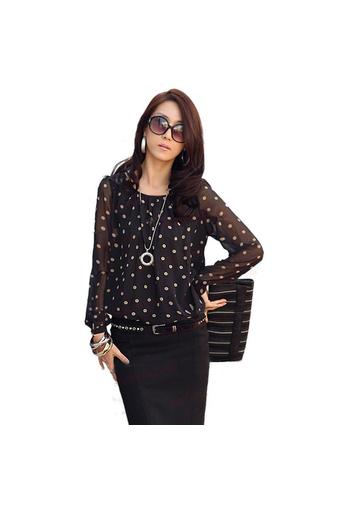 LALANG Fashion Women Polka Dot Chiffon Long Sleeve Blouse Tops Black&amp;Coffee