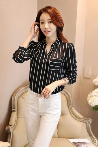 Hang-Qiao Hot Sell Korean Style Shirt Women Striped Tops V-neck Blouse Black