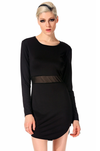 Jo.In Women&#039;s Long Sleeve O-neck Straight Mini Dress S-XL (Black)