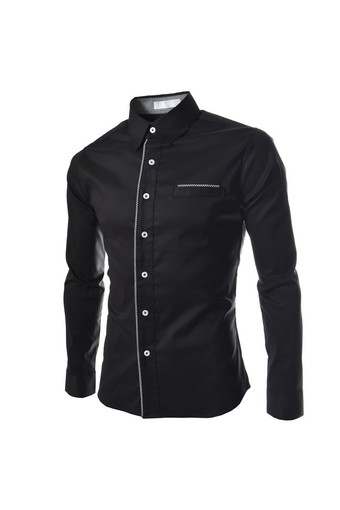 New men&#039;s color matching casual plaid shirt long sleeve shirt black - Intl