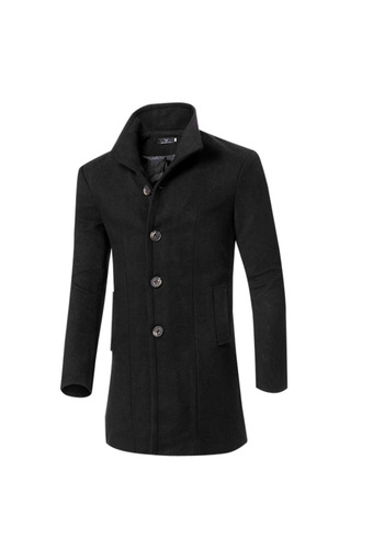 Men Solid Color Warm Slim Fit Lapel Wool Coat Black (Intl)
