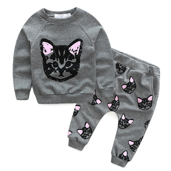 Kids Baby Girls Autumn Clothes Cat T-shirt + Pants