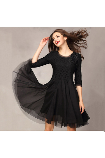Astar Women&#039;s Autumn-summer women Lace Long Sleeve dress winter Women Floral Casual Dress S M L XL XXL Black Pink khaka ( Black ) - Intl