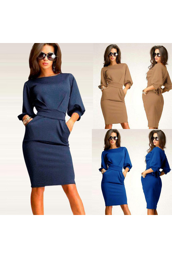 ZANZEA Fashion Women OL Business Party Evening Cocktail Midi Pencil Dress Bodycon Slim Dark Blue