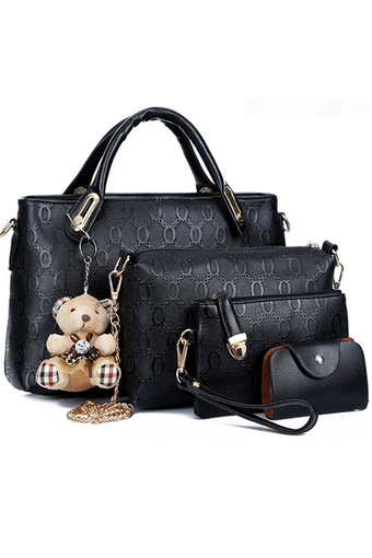 RockLife กระเป๋าแฟชั่นเกาหลี + กระเป๋าสตางค์ผู้หญิง + กระเป๋าสะพายข้าง + พวงกุญแจหมี เซ็ต 4 ใบ (สีดำ)