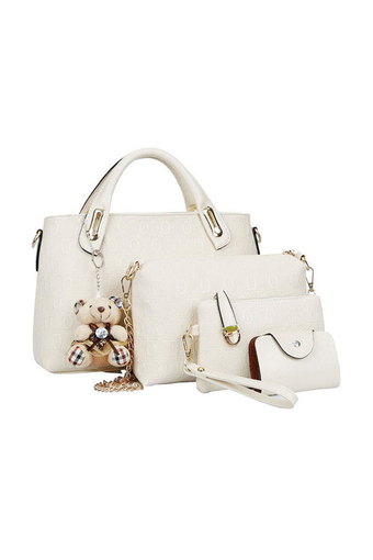FTshop เซ็ต4ใบ กระเป๋าแฟชั่นเกาหลี+กระเป๋าสตางค์ผู้หญิง+กระเป๋าสะพายข้าง+พวงกุญแจหมี(สีขาว)sku035c