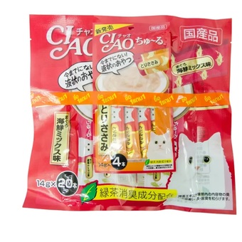 CIAO ขนมแมวเลีย ชูหรู ปลาทูน่าเนื้อขาว 14gx20 ซอง ( 4 units ) แถม 4 ห่อเล็ก