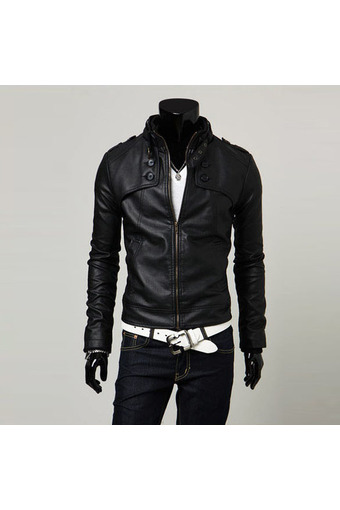 Men Stand Collar Motorcycle PU Leather Coat Jacket Black
