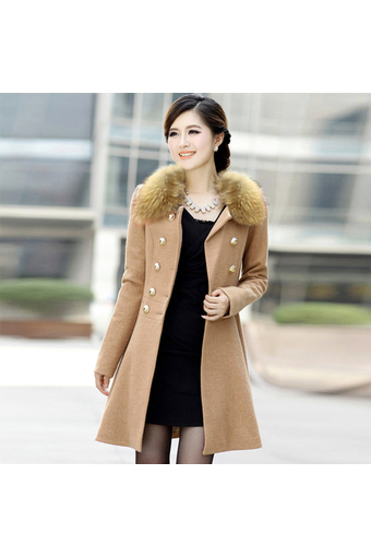 Cyber Women Woolen Winter Trench Double Button Fur Collar Coat Jacket Outwear (Camel)