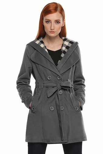Azone Double Breasted Hooded Fleece Belted Long Jacket Outwear Tweed Coat (Grey) - Intl