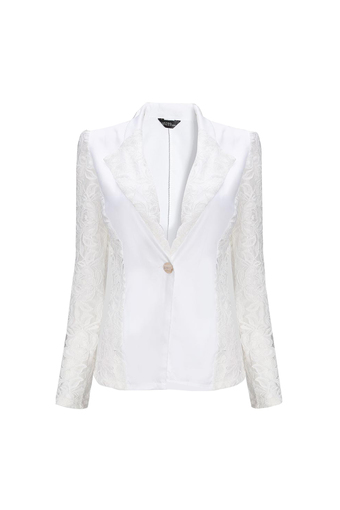 ZANZEA Women Lace Crochet Splicing One Button Suit Blazer Coat White