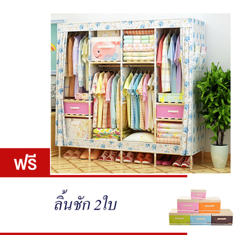 KAKUKI ตู้เสื้อผ้าแฟชั่นเกาหลี โครงไม้ Hot item Fashion Folding Clohts รุ่น-150B พร้อมลิ้นชัก 2ใบ (สีขาว ลายหมีน้อย สีฟ้า)