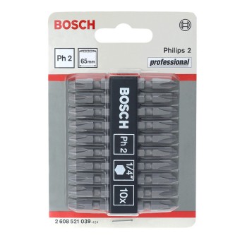 Bosch ดอกไขควง 2 ปลาย SCREWDRIVER BIT (PH2-65MM) สีเงิน 10 ชิ้น