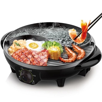 GetZhop เตาปิ้งย่างไฟฟ้า บาร์บีคิว สุกี้ ชาบู 2in1 เคลือบเทฟล่อน รุ่น SK-J3200A 1.8 ลิตร (Black/White)