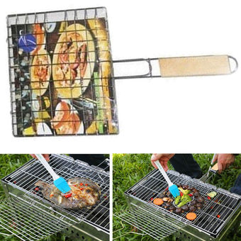GAKTAI Outdoor BBQ Net Wooden Handle Barbecue Cooking Grid Grilling Basket Roast Tools