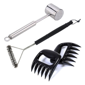 3 in 1 BBQ Meat Handler Forks Claws + Double Sides Meat Tenderiser Hammer + Stainless Steel Bristles Durable Brass Brush